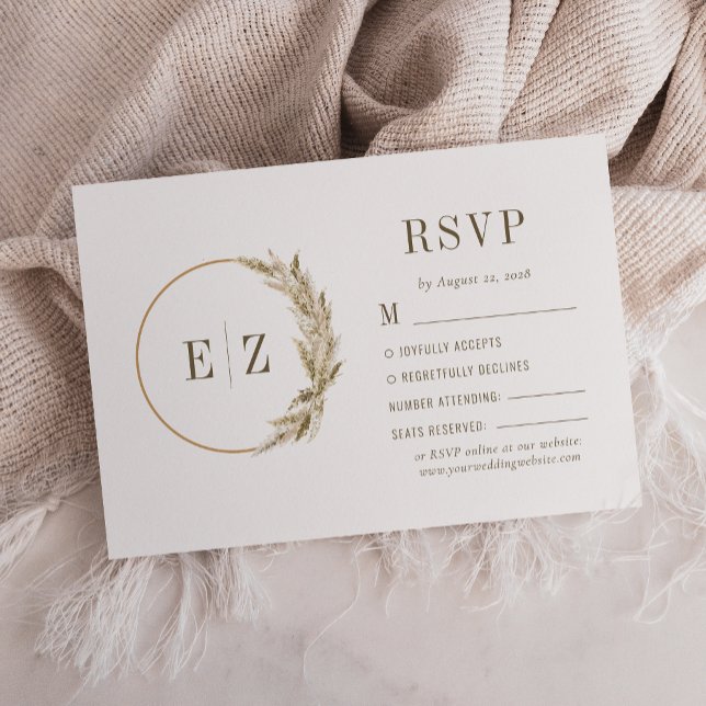 Boho Pampas Grass Monogram Wreath Beige Wedding RSVP Card (Creator Uploaded)