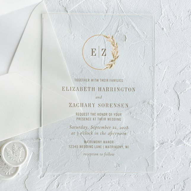 Boho Pampas Grass Monogram Wreath Wedding Acrylic Invitations (Creator Uploaded)