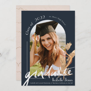Boho Pampas Grass Navy Blue Arch Photo Graduation Invitation