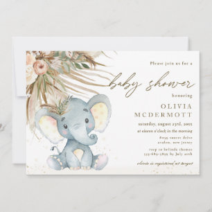 Boho Pampas Grass Neutral Elephant Baby Shower  Invitation