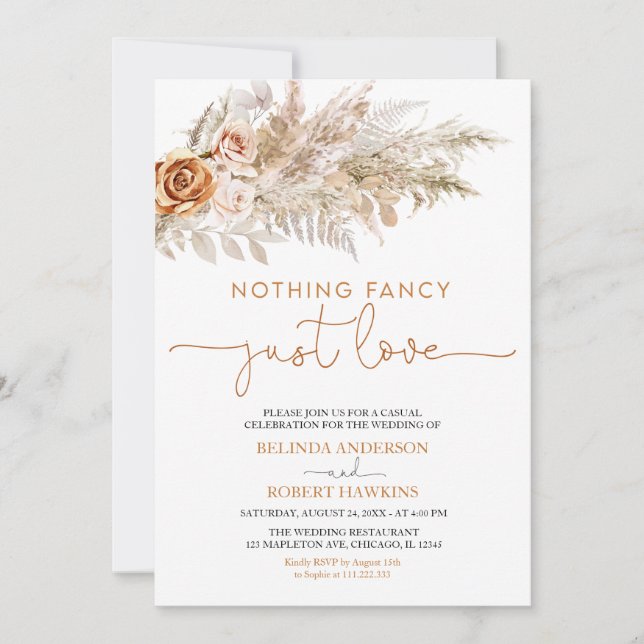 Boho Pampas Grass Nothing Fancy Just Love Wedding Invitation (Front)