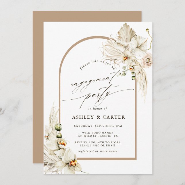 Boho Pampas Grass Orchid Floral Engagement Party Invitation (Front/Back)