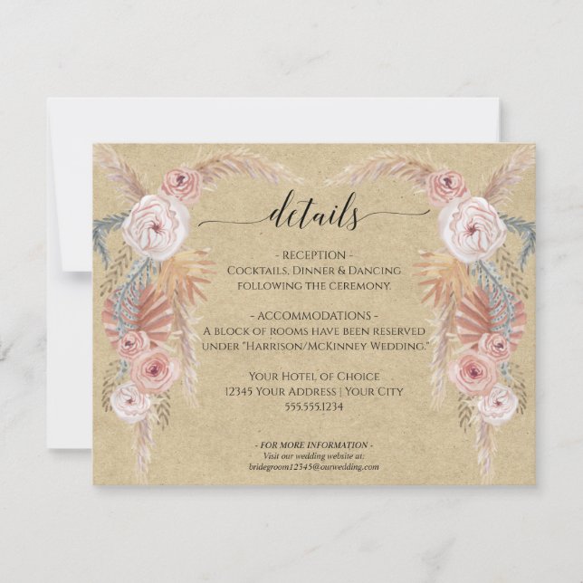 Boho Pampas Grass Palm Foliage Wedding Details Invitation (Front)