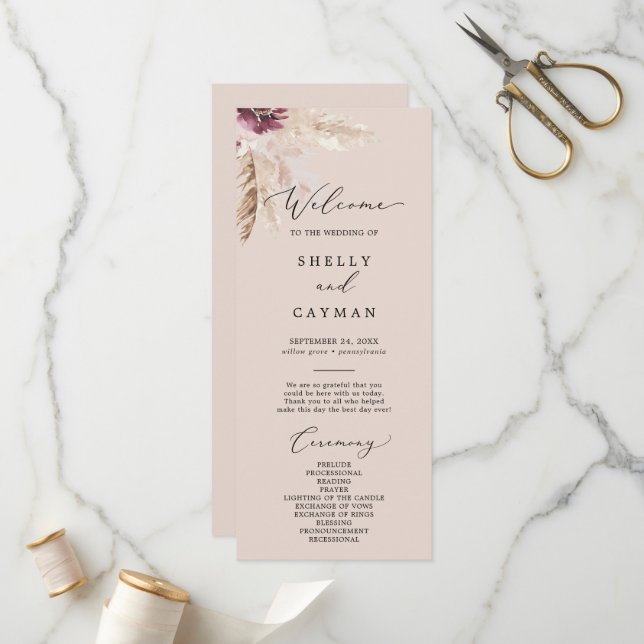Boho Pampas Grass | Peach Wedding Program Programme (Front/Back In Situ)