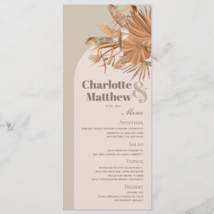 Boho Pampas Grass Pink Brown Wedding Menu Card