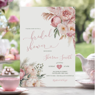 Boho Pampas Grass Pink Dried Flowers Bridal Shower Invitation