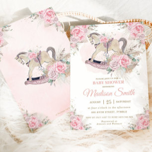 Boho Pampas Grass Pink Floral Rocking Horse Baby  Invitation
