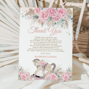 Boho Pampas Grass Pink Floral Rocking Horse Baby Thank You Card