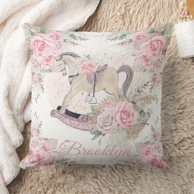 Boho Pampas Grass Pink Floral Rocking Horse Cushion (Blanket)