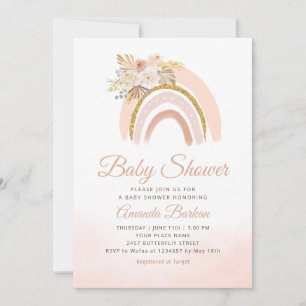 Boho Pampas Grass pink Rainbow girl Baby Shower Invitation