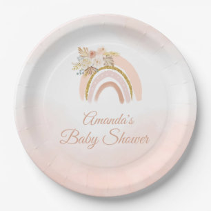 Boho Pampas Grass pink Rainbow girl Baby shower Paper Plate