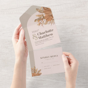 Boho Pampas Grass Pink Wedding All In One Invitation
