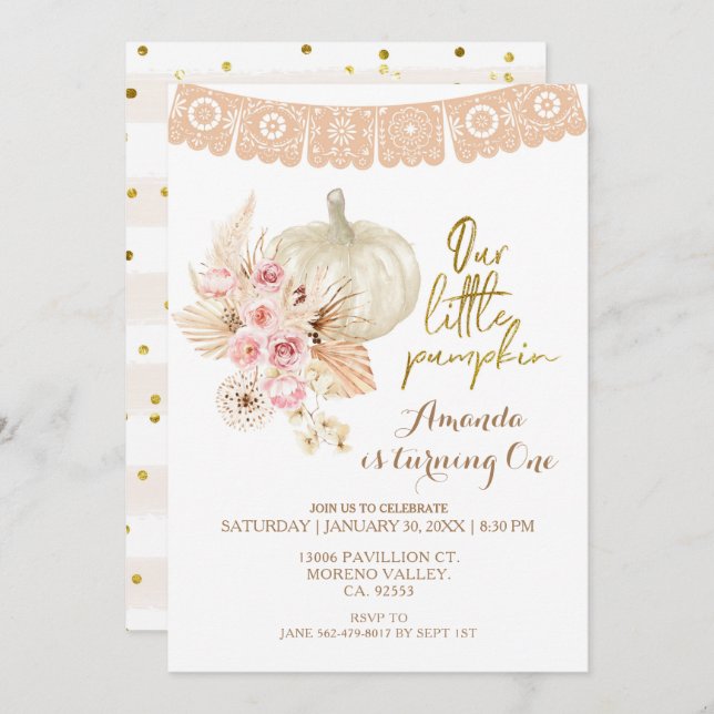 Boho Pampas Grass Pumpkin 1st Birthday Invitation (Front/Back)