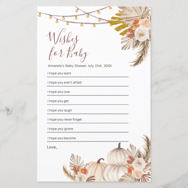 Boho Pampas Grass Pumpkin Wishes for Baby (Front)