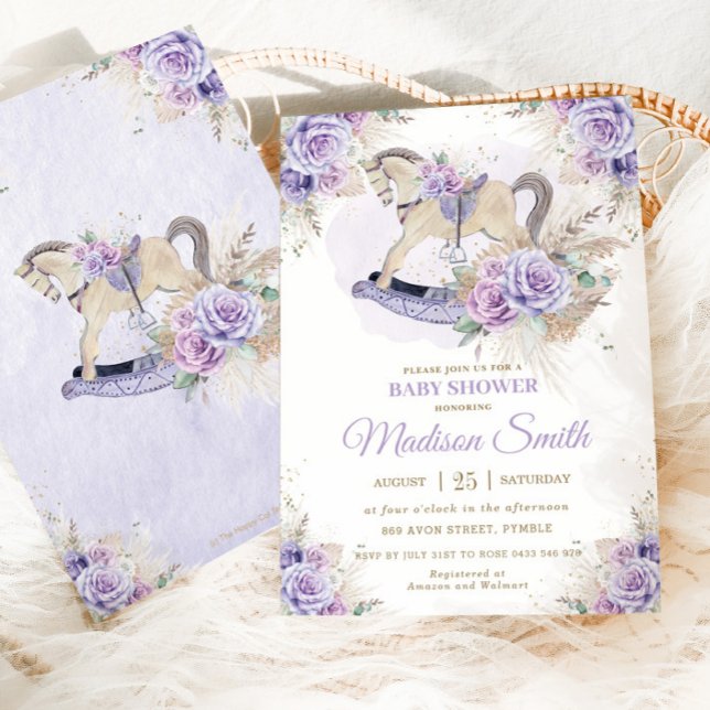 Boho Pampas Grass Purple Floral Rocking Horse Baby Invitation (Creator Uploaded)