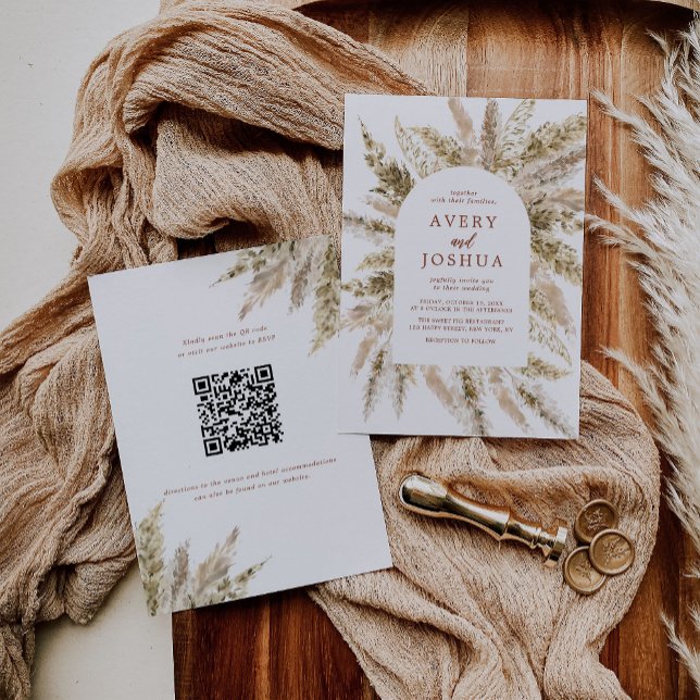 Boho Pampas Grass Qr Code All In One Wedding Invitation (Creator Uploaded)