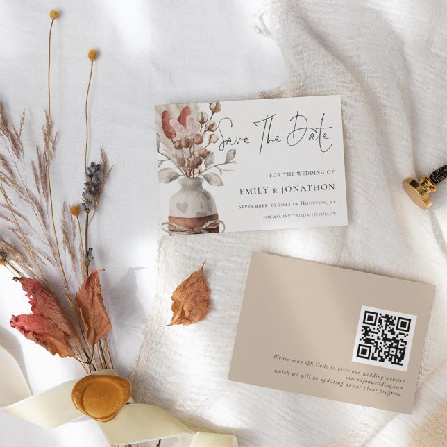 Boho Pampas Grass QR Code Wedding Save The Date (Creator Uploaded)