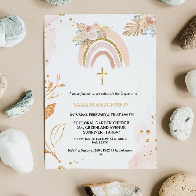 Boho Pampas Grass Rainbow Girl BAptism Christening Invitation (Creator Uploaded)