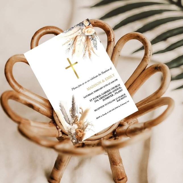 Boho Pampas Grass Rainbow Girl Baptism Christening Invitation (Creator Uploaded)