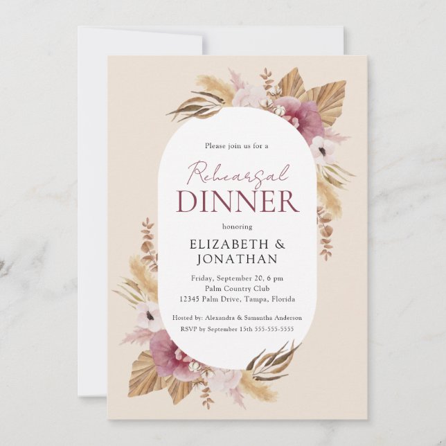 Boho Pampas Grass Rehearsal Dinner Invitation (Front)