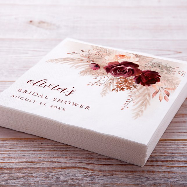 Boho Pampas Grass Roses Wedding Bridal Shower Napkin (Creator Uploaded)