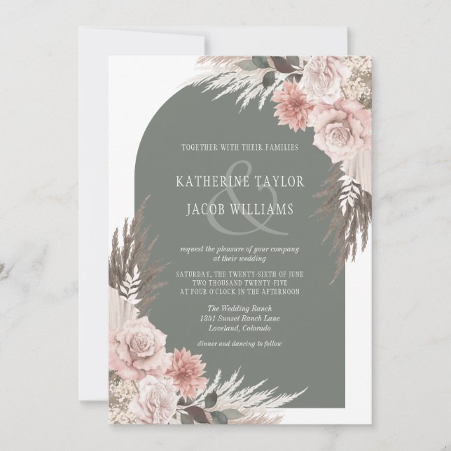 Boho Pampas Grass Sage Green Floral Wedding Invitation (Front)