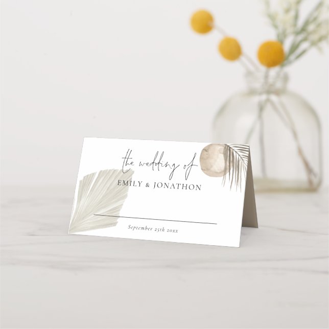 Boho Pampas Grass Script Names Date Wedding Place Card (Front)