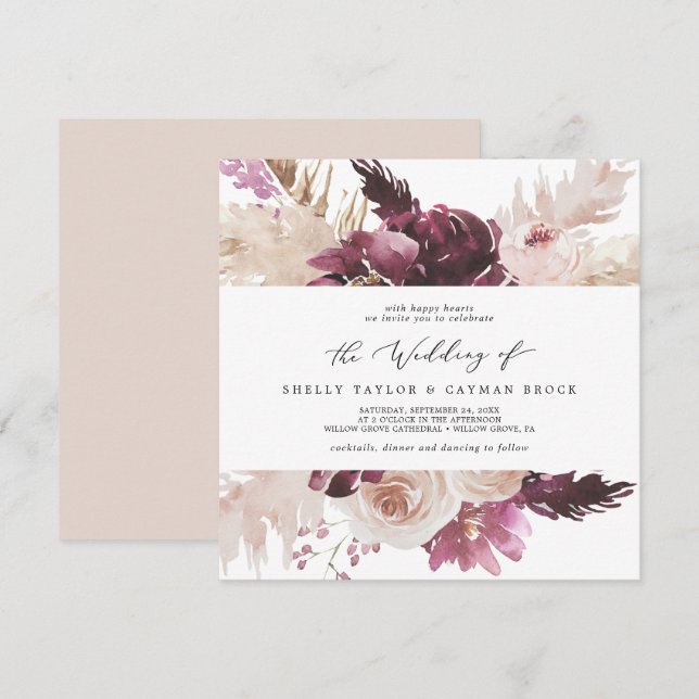 Boho Pampas Grass Square Wedding Invitation (Front/Back)