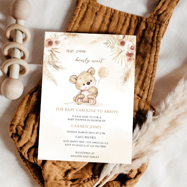 Boho Pampas Grass Teddy Bear Baby Shower Invitation (Creator Uploaded)