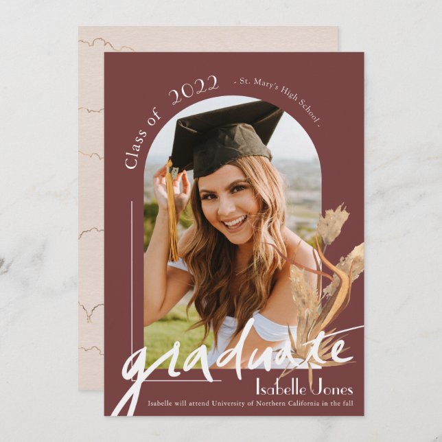 Boho Pampas Grass Terracotta Arch Photo Graduation Invitation (Front/Back)