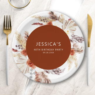 Boho Pampas Grass Terracotta Birthday Party Paper Plate