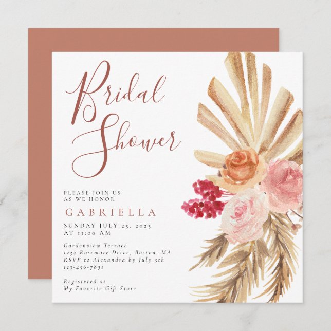 Boho Pampas Grass Terracotta Bridal Shower Invitation (Front/Back)