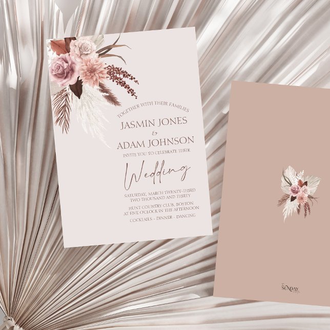 Boho Pampas Grass Terracotta Floral Wedding Invitation (Boho Dusty Pink Dried Flowers Pampas Grass Wedding Invitation)