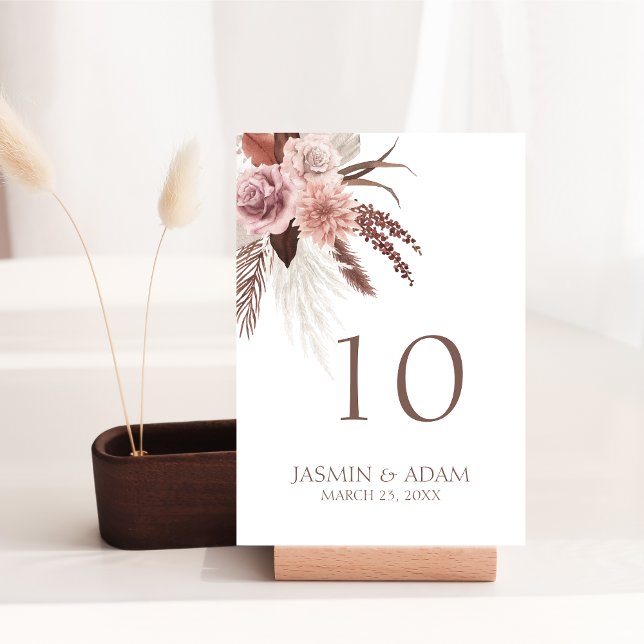 Boho Pampas Grass Terracotta Floral Wedding Table Number (Boho Dusty Pink Dried Flowers Pampas Grass Wedding Table Number)