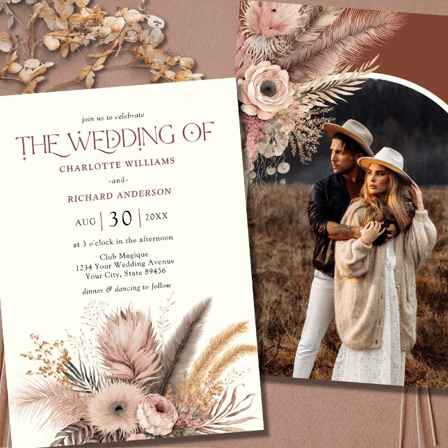 Boho Pampas Grass Terracotta Photo Wedding Invitation (Creator Uploaded)