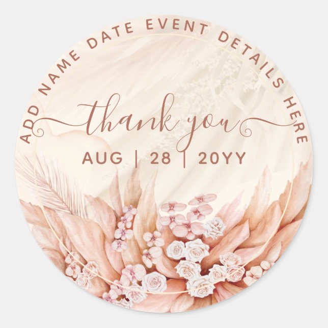  Boho Pampas Grass Thank You Favour Classic Round  Sticker (Front)