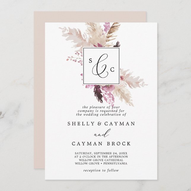 Boho Pampas Grass Traditional Monogram Wedding Invitation (Front/Back)