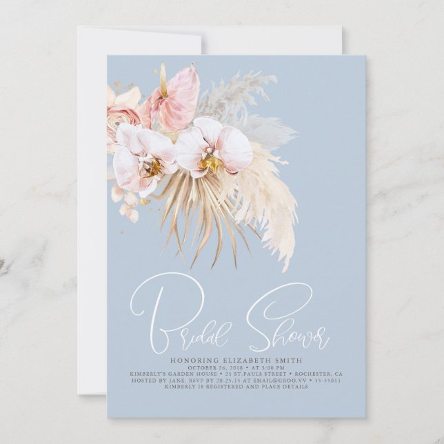 Boho Pampas Grass Tropical Flowers Bridal Shower Invitation (Front)