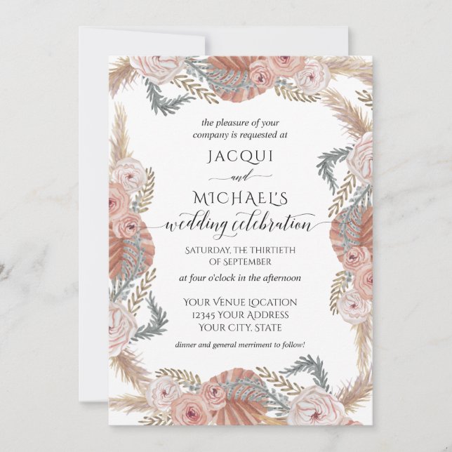 BOHO Pampas Grass Tropical Watercolor Blush Floral Invitation (Front)