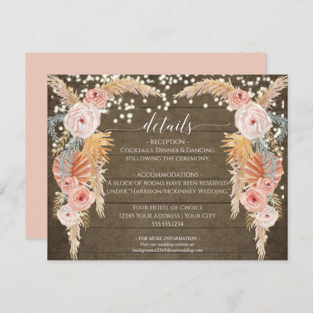 Boho Pampas Grass Twinkle Lights Rustic Details Invitation (Front/Back)