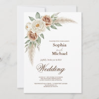 Boho Pampas Grass Watercolor Floral Wedding Invita
