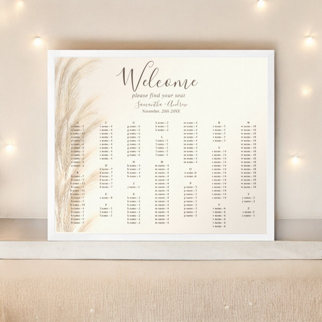 Boho pampas grass watercolor wedding seating poster (Boho pampas grass watercolor wedding seating poster)