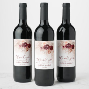 Boho Pampas Grass Wedding Burgundy Roses Wine Labe Label
