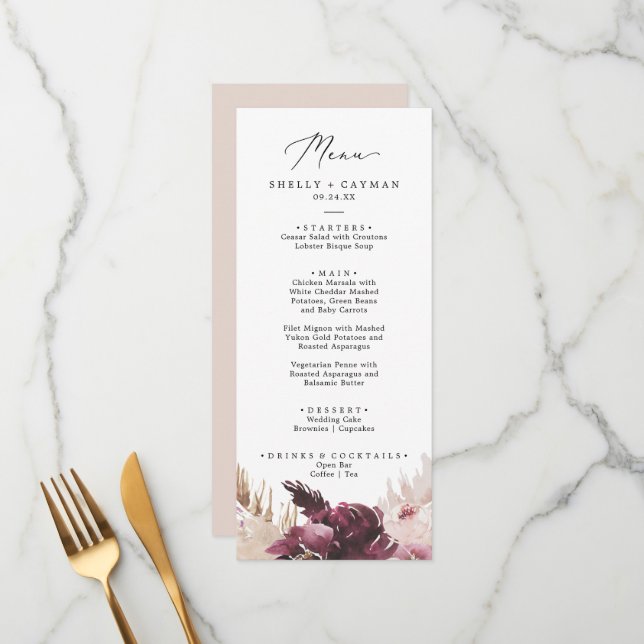 Boho Pampas Grass Wedding Dinner Menu (Front/Back In Situ)