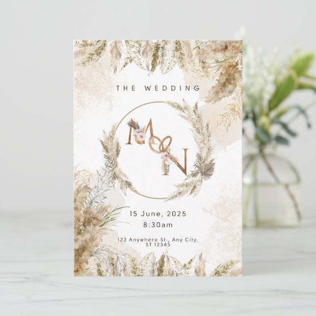 Boho Pampas Grass Wedding Invitation  (Standing Front)