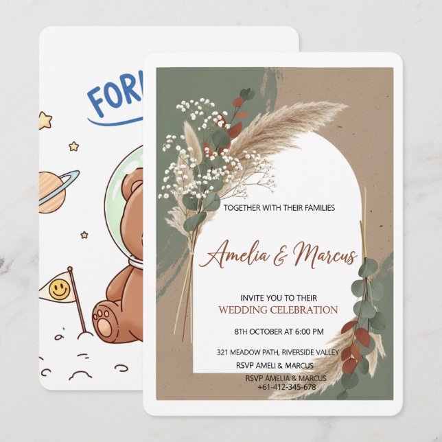 Boho Pampas Grass Wedding Invitation  (Front/Back)