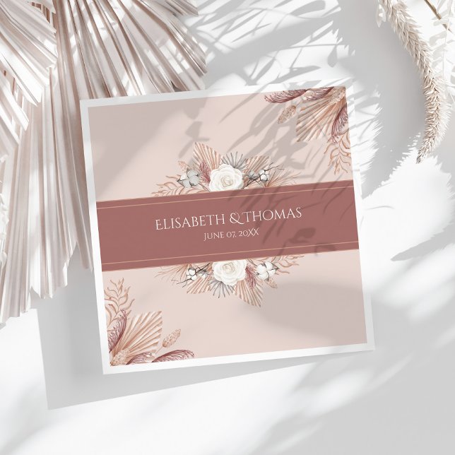 Boho Pampas Grass Wedding  Napkin (Boho Pampas Grass Wedding Napkins on a sunny white table with dry palm leaf.)