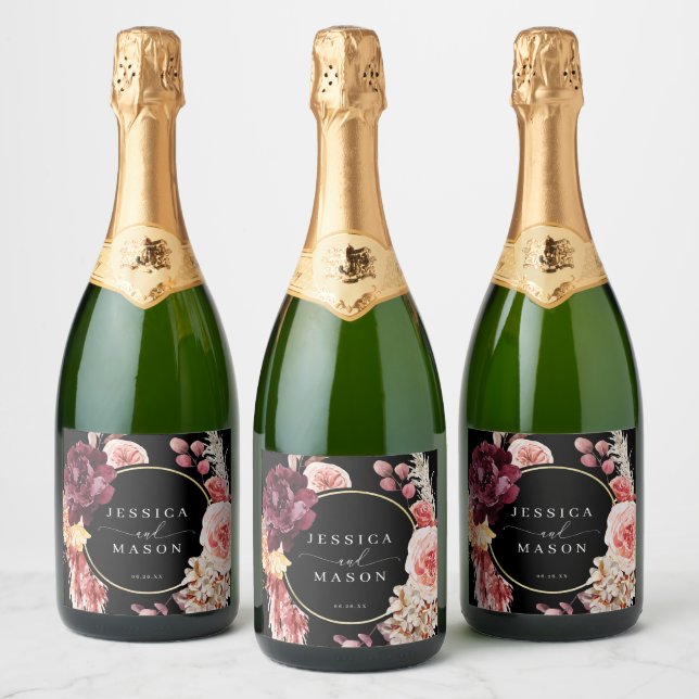 Boho Pampas Grass Wedding Sparkling Wine Label (Bottles)
