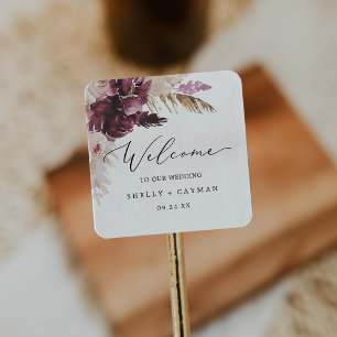 Boho Pampas Grass Wedding Welcome Square Sticker