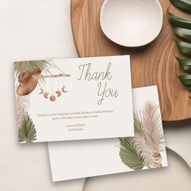 Boho Pampas Grass Western Cowgirl Thank You Card (Boho Western Mystical themed thank you card from my Western Boho Quinceanera Collection)